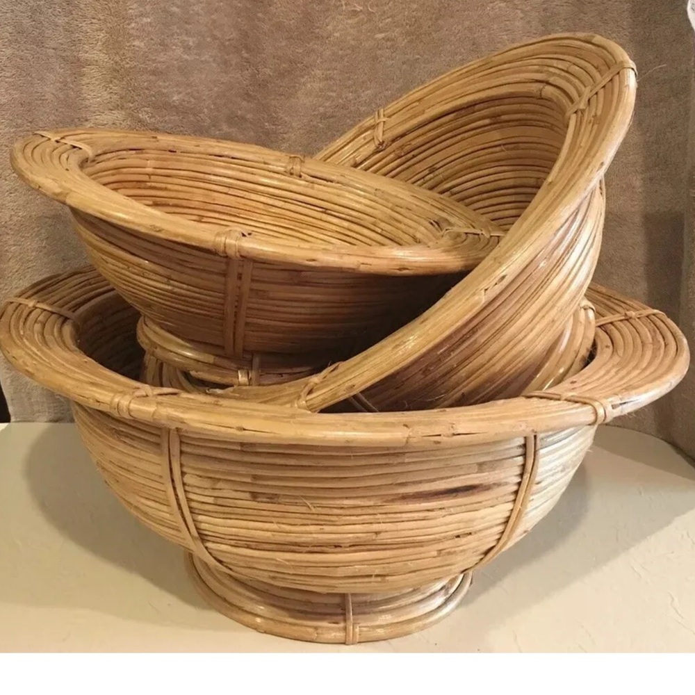 Set/3 Decorative Nesting Small Medium Large Bamboo Bowls Home Decor